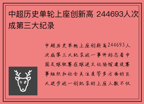 中超历史单轮上座创新高 244693人次成第三大纪录