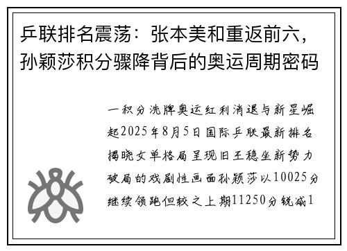 乒联排名震荡：张本美和重返前六，孙颖莎积分骤降背后的奥运周期密码